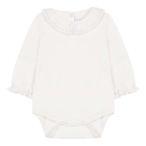 Baby Girls Mother-of-Pearl Bodysuit with Ruffled Lace Collar