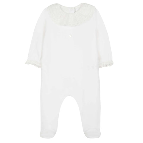 Baby Girls Mother-of-Pearl Sleepsuit with Lace Collar