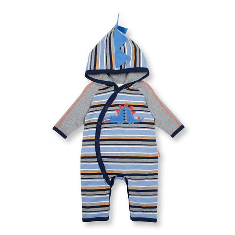 Hooded Wide Stripe Coverall With Curved Front Stegosaurus