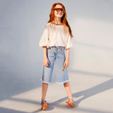 May Girls Denim Cropped Pants with Frayed Hem