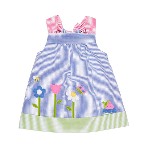 Baby Girls Seersucker Dress with Flower Garden Appliques