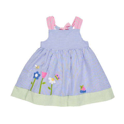 Seersucker Dress with Flower Garden Applique