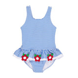 Girls Seersucker Swimsuit with Flowers