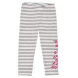 Girls Heather Grey Stripe Leggings with Embroidered Flowers