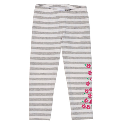 Girls Heather Grey Stripe Leggings with Embroidered Flowers