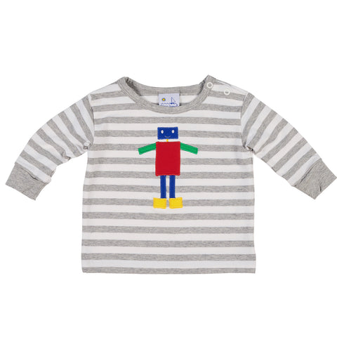 Boys Heather Grey Stripe Top with Appliqued Robot