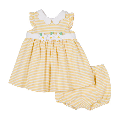 Baby Girls Yellow Raised Stripe Dress and Bloomer with Flowers