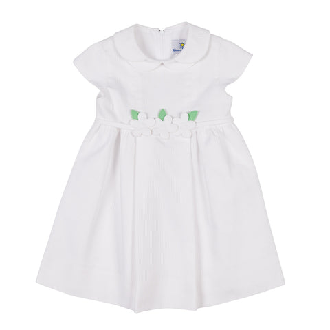 White Wale Pique Dress with Appliqued Flowers