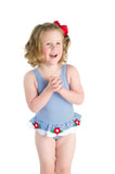 Blue Stripe Seersucker Swimsuit with Appliqued Flowers