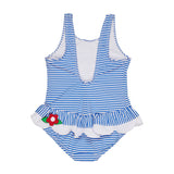 Blue Stripe Seersucker Swimsuit with Appliqued Flowers