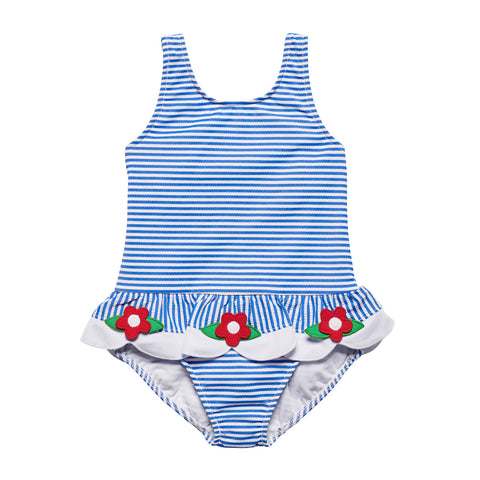 Blue Stripe Seersucker Swimsuit with Appliqued Flowers