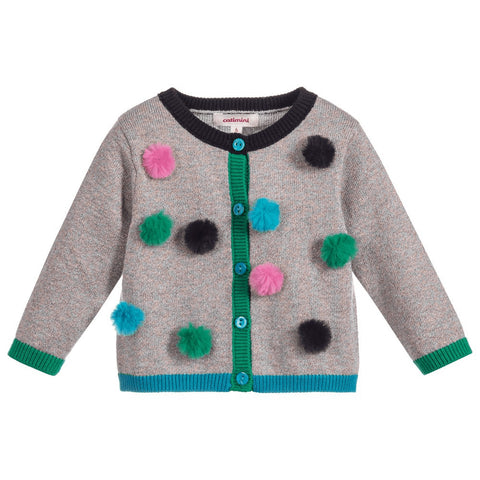 Glossy Knit Cardigan with Fur Pompoms