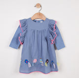 Crepe Dress with Ruffles and Bird Patches
