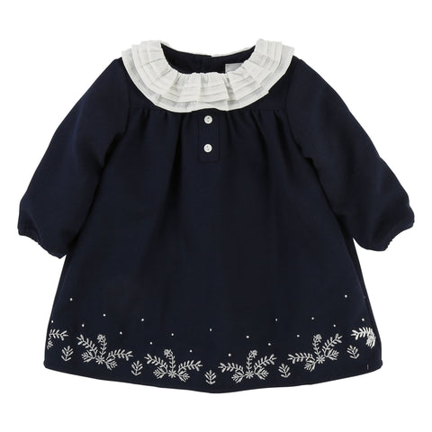 Baby Girls Flannel Dress with Floral Embroidery